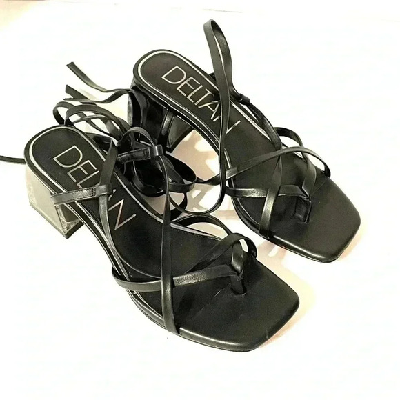 Deltan Size 6M Fawn Ankle Wrap Strappy Block Heel Thong Dress Sandals Black NEW - Picture 2 of 12